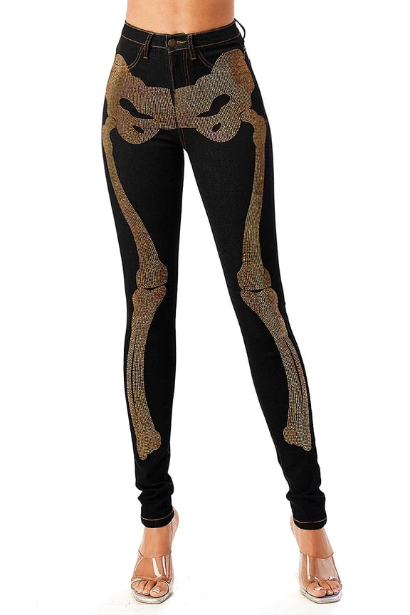 Womens Embellished X-Ray Skeleton Rhinestone Skinny Jeans (X-Large, Black)