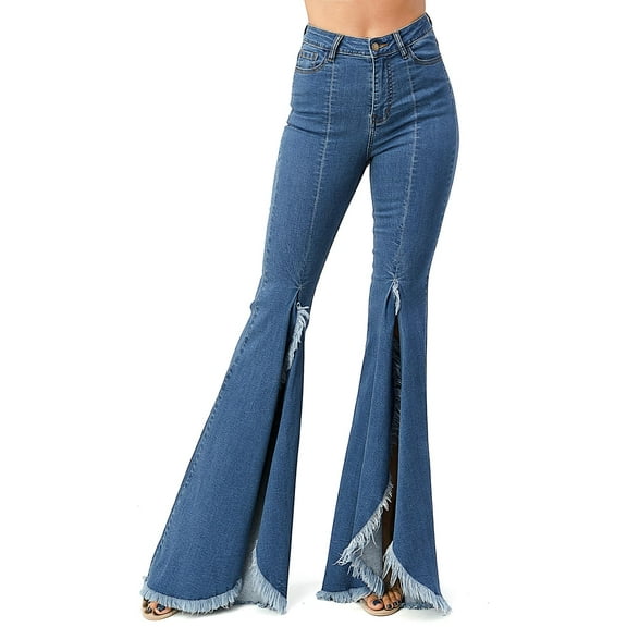 Purple Candy Womens Juniors Denim High Rise Split Flares (Large, Medium Blue)