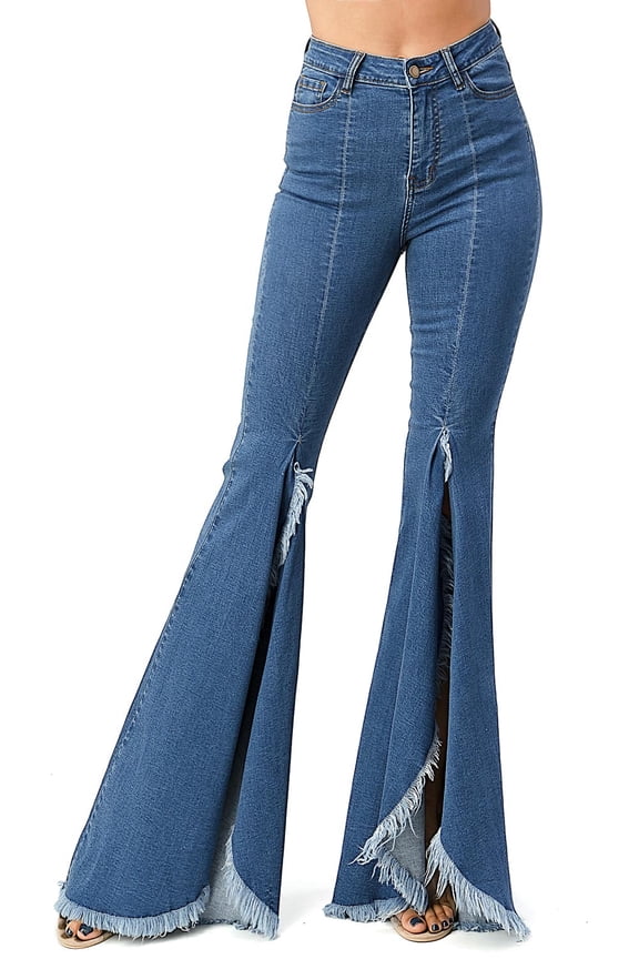 Womens Juniors Denim High Rise Split Flares (Large, Medium Blue)