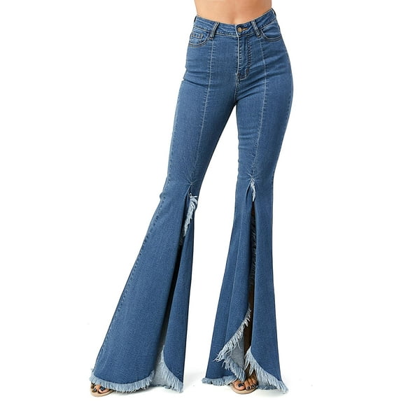 Purple Candy Womens Juniors Denim High Rise Split Flares (Small, Medium Blue)