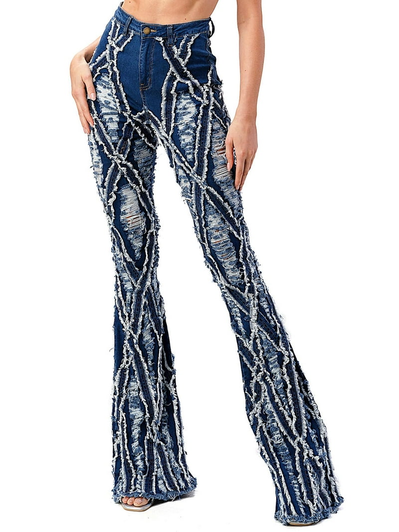 Purple Candy Womens Juniors Extreme Distressed Denim Flares (L