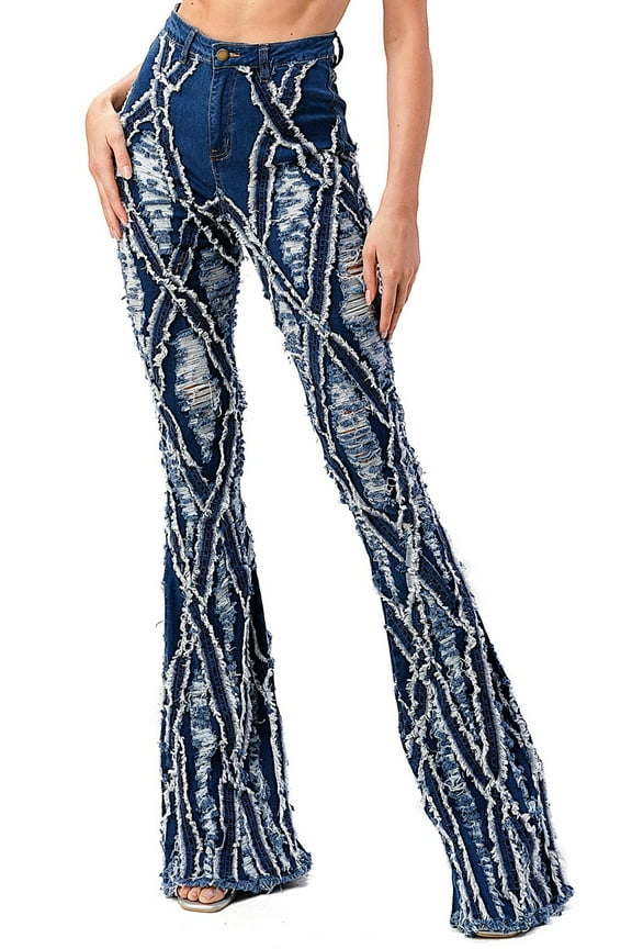 Womens Juniors Extreme Distressed Denim Flares (XL, Medium Blue)