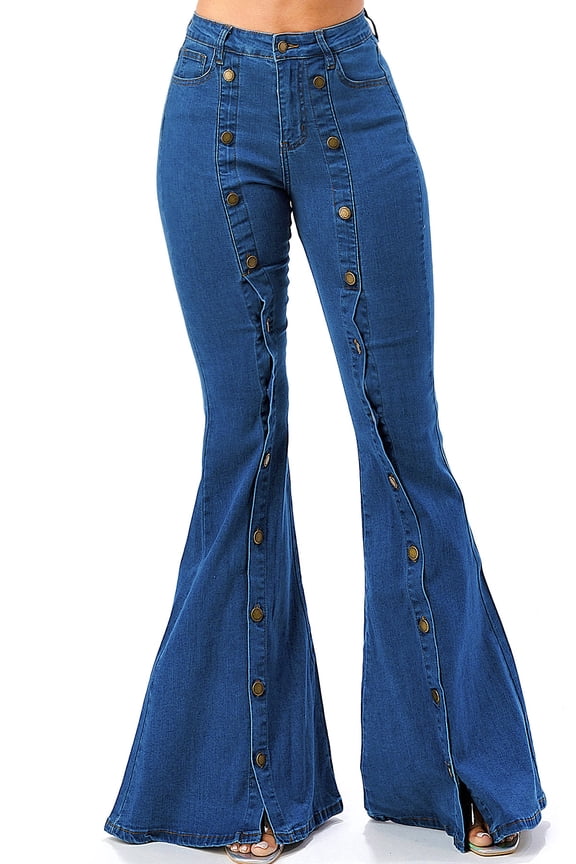 Womens Juniors High Rise Button Nautical Sailor Flares (Medium Blue, Medium)
