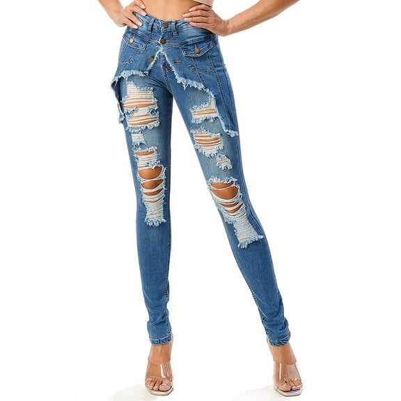 Purple Candy Womens Juniors High Rise Distressed Denim Skinny Jeans (M, Medium Blue)