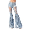 thumbnail image 1 of Purple Candy Womens Juniors High Rise Heavy Distressed Fringe Flares (Medium, Light Denim), 1 of 4