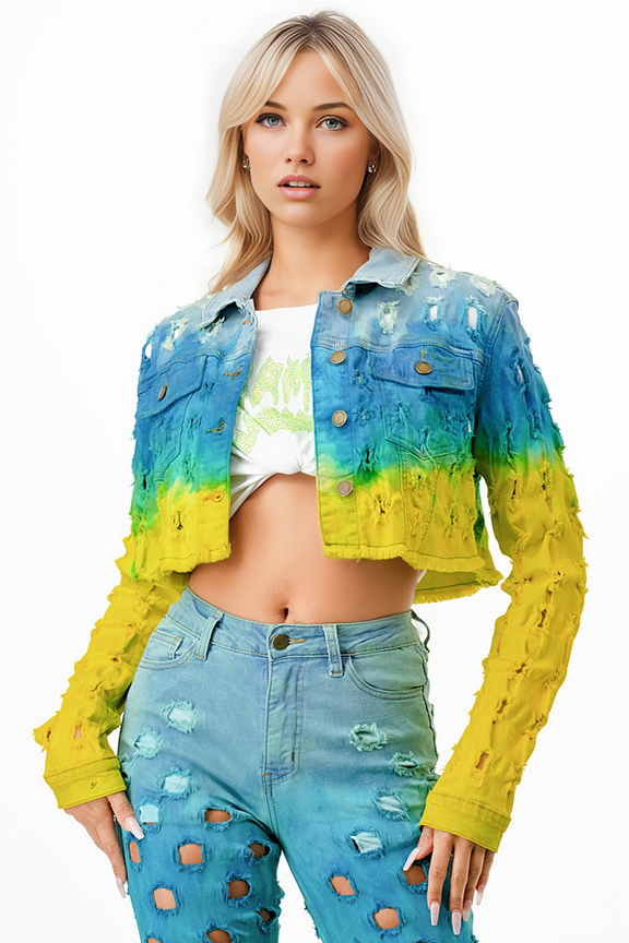 Womens Juniors Neon Tie Dye Distressed Denim Jacket (Blue/Yellow, S)
