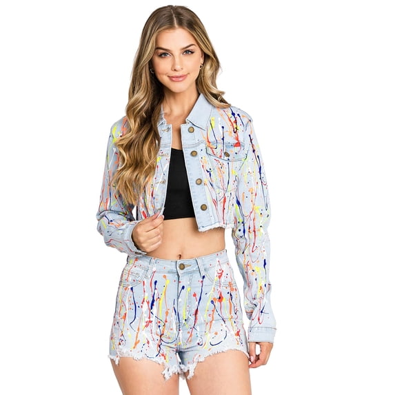 Purple Candy Womens Juniors Paint Splatter Cropped Denim Jacket (Light Blue, Small)