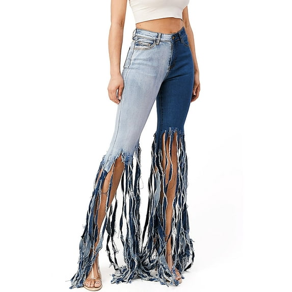 Purple Candy Womens Juniors Two-Tone Denim High Rise Fringe Flares (L, Dark)