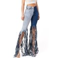 thumbnail image 1 of Purple Candy Womens Juniors Two-Tone Denim High Rise Ripped Fringe Flare Jeans (Small, Dark Blue), 1 of 4