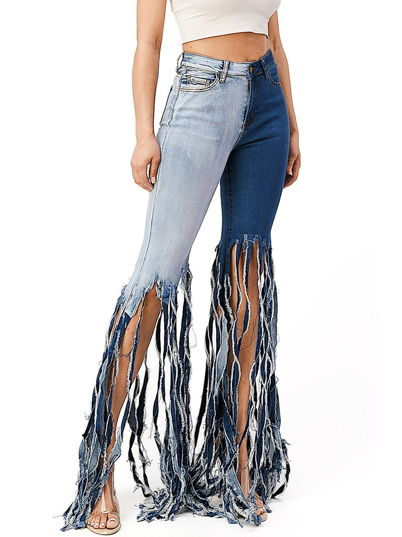 Purple Candy Womens Juniors Two-Tone Denim High Rise Ripped Fringe