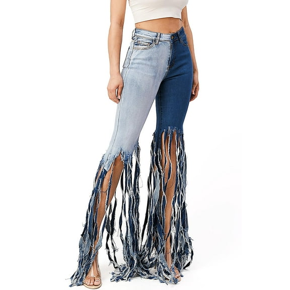 Purple Candy Womens Juniors Two-Tone Denim High Rise Ripped Fringe Flare Jeans (X-Large, Dark Blue)