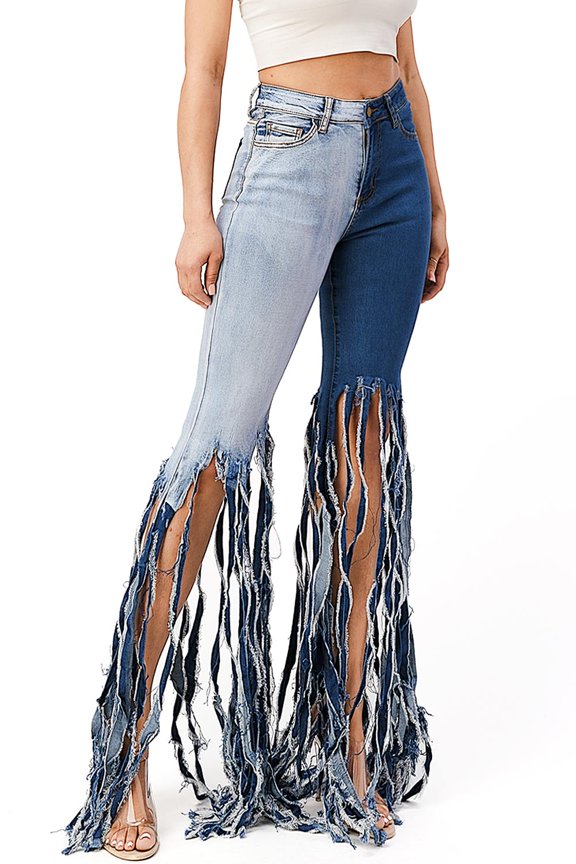 Womens Juniors Two-Tone Denim High Rise Ripped Fringe Flare Jeans (X-Large, Dark Blue)