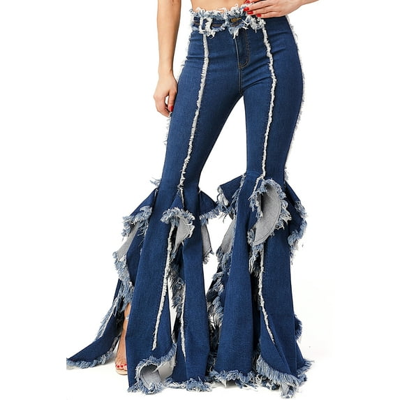 Purple Candy Womens Juniors Unique Rave Denim High Rise Flares (Dark Blue, X-Large)