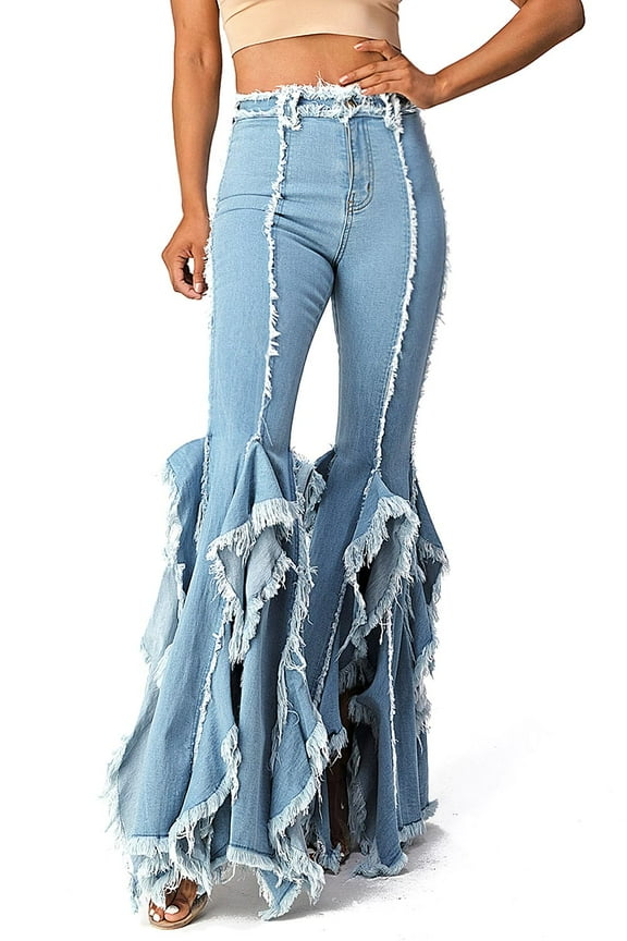 Womens Juniors Unique Rave Denim High Rise Flares (Medium, Light Blue)