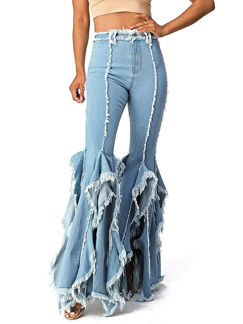 Purple Candy High Rise Bell Bottom Jeans with Fringe Hem for Women