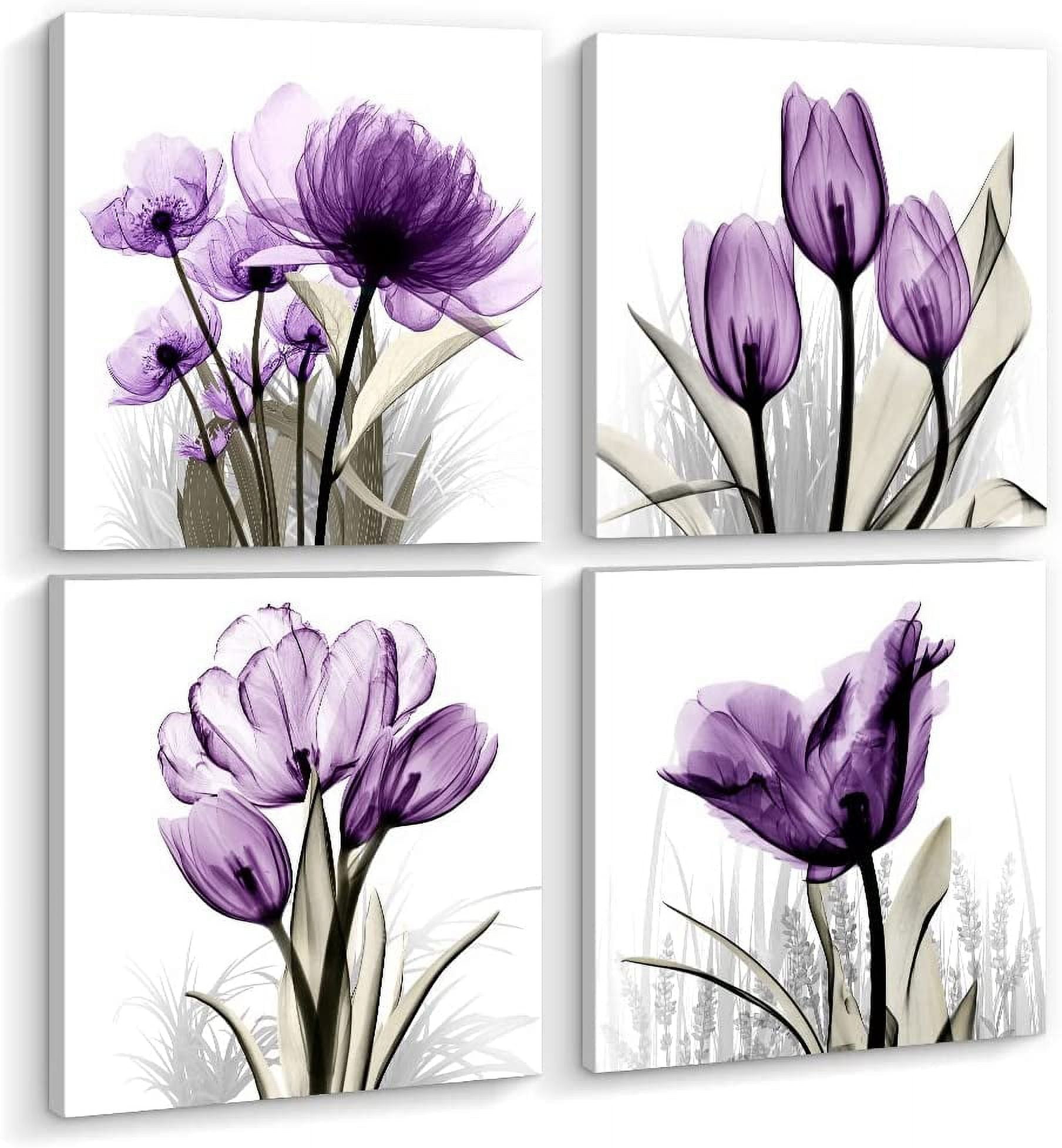 Purple Canvas Wall Art for Living Room, 4 Pieces Purple Tulip flower