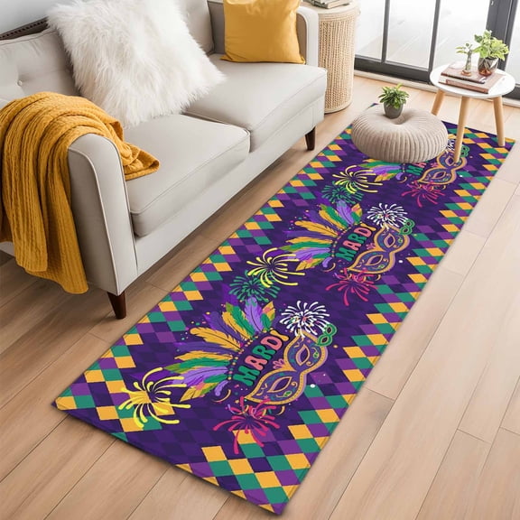 Purple Carnival 2'x6' Runner Rugs for Hallway Kitchen Bedside Non Slip Washable, Modern Geometric Feathers Ethnic Entryway Rug Runners with Rubber Backing, Long Carpet Runner for Laundry Room