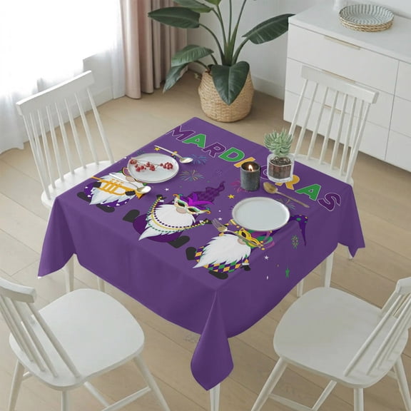 Purple Carnival Cute Gnomes Table Cloth 54x54in, Waterproof Square Tablecloth Wipeable Tablecloths Mardi Gras Table Covers for Dining Tables Party Indoor Outdoor