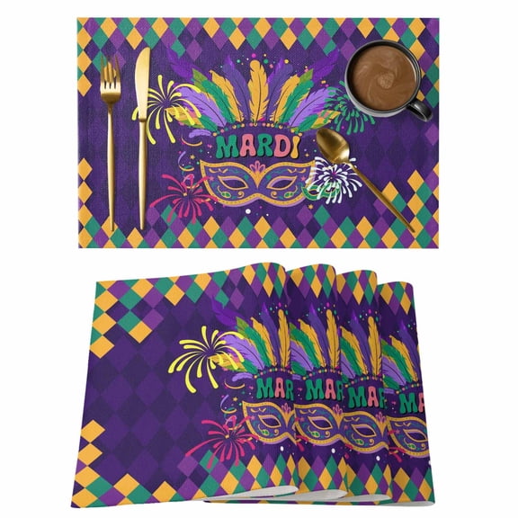Purple Carnival Placemats Set of 12 Modern Geometric Feathers Ethnic Place Mats Indoor Wipeable Table Mats Washable Cloth Dining Table Placemats for Kitchen Holiday Party Home Decor 13x19 Inch