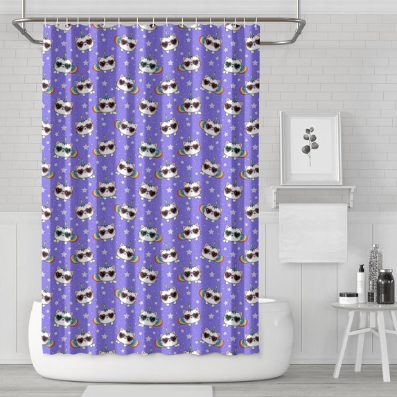 Purple Cartoon Cat Unicorn Pattern Shower Curtain 72"x72" ,Bathroom Decorative Shower Curtains Set with 12 Hooks,Modern Waterproof Washable Shower Curtain