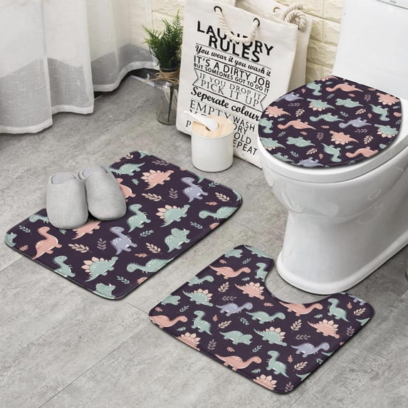 Purple Cartoon Dinosaurs Leaves Pattern Bathroom Rugs Sets 3 Piece,Toilet Cover Set,Absorbent Non Slip Bathroom Mats Sets with U-Shaped Contour Rug Toilet Rug Set