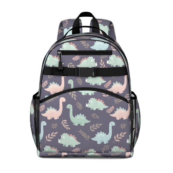 Purple Cartoon Dinosaurs Leaves Pattern Cute School Backpack Bag for School with Padded Back and Adjustable Shoulder Straps 15.25"x11.5"x5.25"