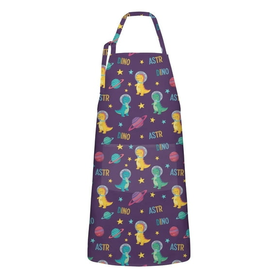 Purple Cartoon Dinosaurs Planets Stars Apron-Garden Aprons for Women with Pockets-Cotton Linen Waterproof Kitchen Cooking Gardening Aprons Adjustable for Kitchen,Cooking,BBQ and Salon 33x27 Inch