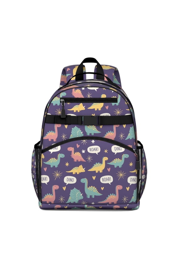 Purple Cartoon Dinosaurs Speech Bubbles Pattern Backpack for School,Cute School Bag,Schoolbag with Adjustable Shoulder Straps & Padded Back,15.25"x11.5"x5.25"
