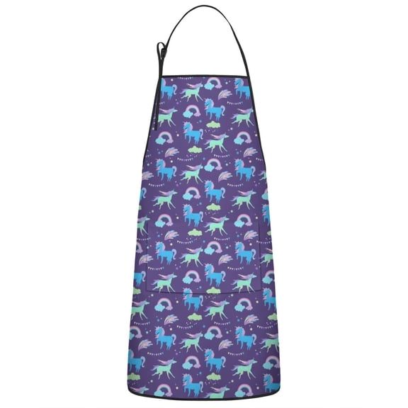 Purple Cartoon Horse Rainbow Pattern Apron-Garden Aprons for Women with Pockets-Cotton Linen Waterproof Kitchen Cooking Gardening Aprons Adjustable for Kitchen,Cooking,BBQ and Salon 33x27 Inch