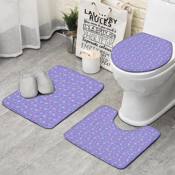 Purple Cartoon Narwhal Pattern Bathroom Rugs Sets 3 Piece,Toilet Cover Set,Absorbent Non Slip Bathroom Mats Sets with U-Shaped Contour Rug Toilet Rug Set