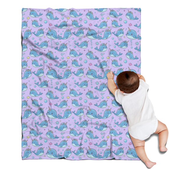 Purple Cartoon Narwhal Pattern Blanket,Comfortable Soft Flannel Throw Blanket,All Season,Warm Lightweight Blankets for Sofa Bed Couch Living Room Chair,30"x40"