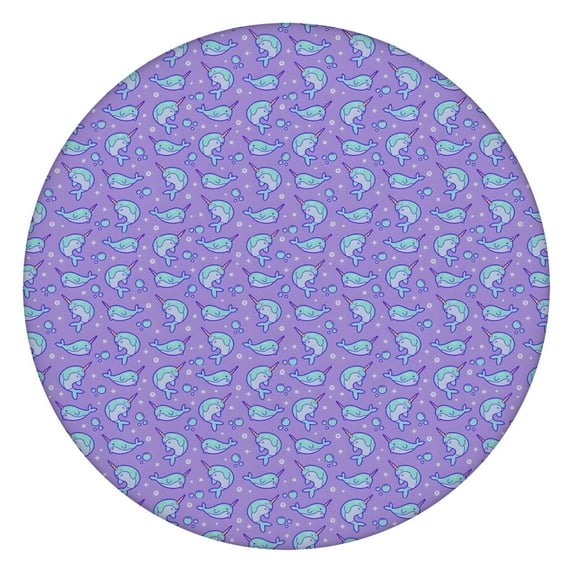 Purple Cartoon Narwhal Pattern Round Fitted Tablecloth with Elastic Edge,Dining Table Cover Waterproof,Outdoor Round Tablecloth for Camping,Dining,Indoor and Outdoor