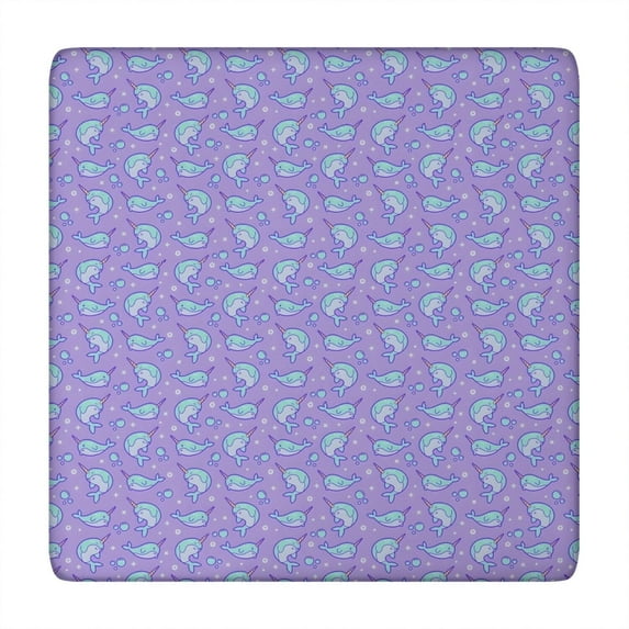 Purple Cartoon Narwhal Pattern Square Fitted Tablecloth with Elastic Edge,Square Table Cover,Washable Elastic Table Cover for Home Kitchen Party Decor 34"x34"
