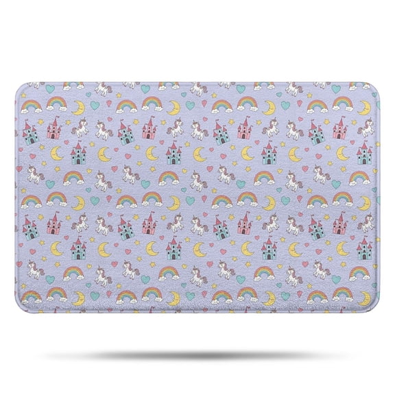 Purple Cartoon Unicorn Castle Rainbow Moon Heart Bathroom Rugs Mat,Non Slip Microfiber Bathroom Rug,Rubber Backing,Soft Bathroom Mats for Bathroom Floor,Tub and Shower,17x27in(43x68cm)