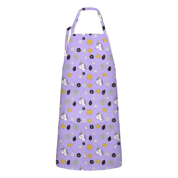 Purple Cartoon Unicorn Leaf Flower Pattern Apron-Garden Aprons for Women with Pockets-Cotton Linen Waterproof Kitchen Cooking Gardening Aprons Adjustable for Kitchen,Cooking,BBQ and Salon 33x27 Inch