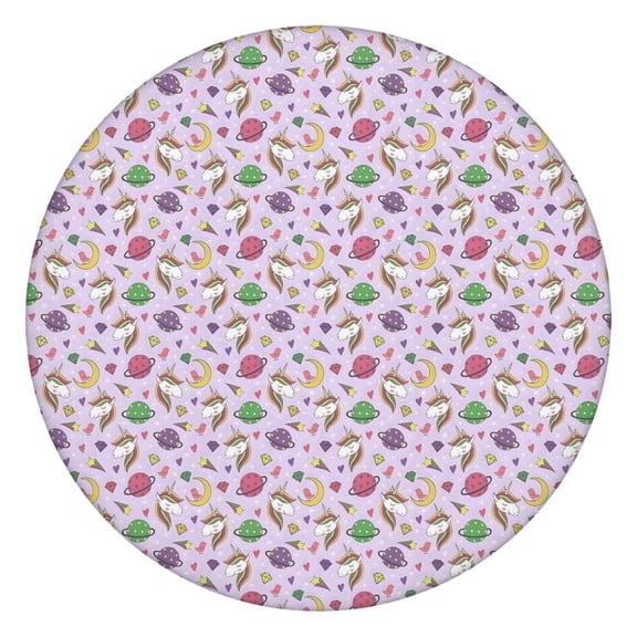 Purple Cartoon Unicorn Planet Pattern Round Fitted Tablecloth with Elastic Edge,Dining Table Cover Waterproof,Outdoor Round Tablecloth for Camping,Dining,Indoor and Outdoor