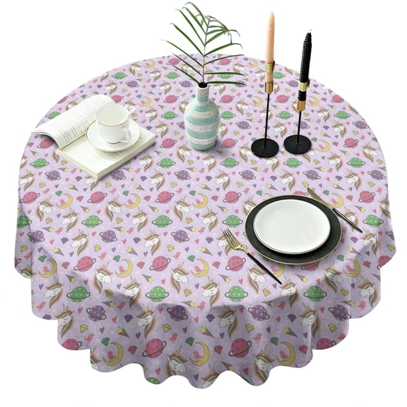 Purple Cartoon Unicorn Planet Pattern Round Tablecloth 60"x60",Wrinkle Wipeable Table Cloth for Kitchen Dining Room Picnic Patio Party