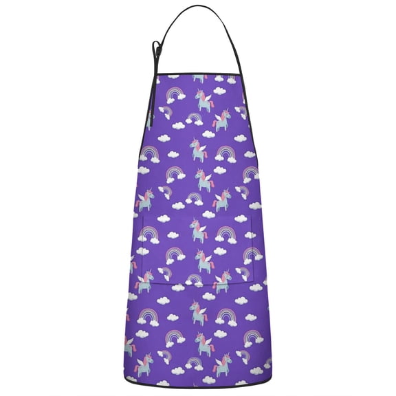 Purple Cartoon Unicorn Rainbow Cloud Apron-Garden Aprons for Women with Pockets-Cotton Linen Waterproof Kitchen Cooking Gardening Aprons Adjustable for Kitchen,Cooking,BBQ and Salon 33x27 Inch