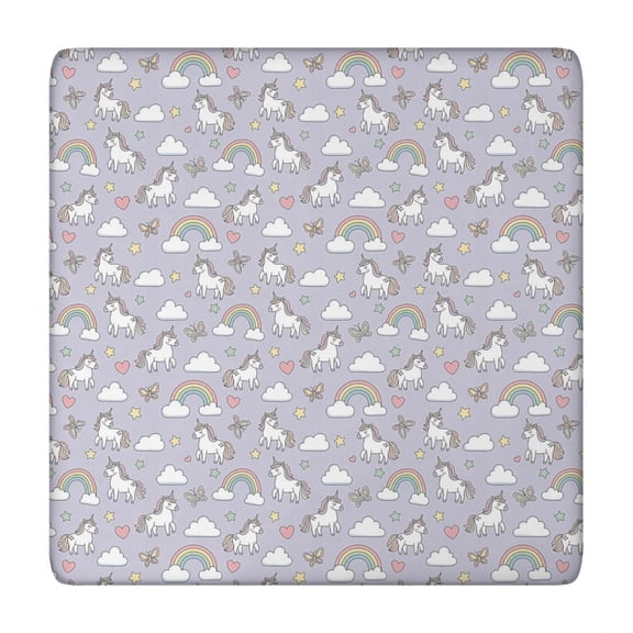 Purple Cartoon Unicorn Rainbow Cloud Butterfly Heart Square Fitted Tablecloth with Elastic Edge,Square Table Cover,Washable Elastic Table Cover for Home Kitchen Party Decor 34"x34"