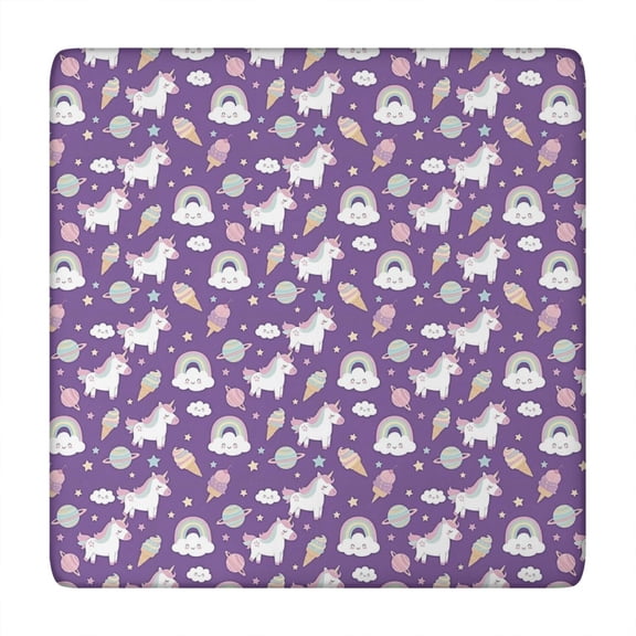 Purple Cartoon Unicorn Rainbow Cloud Ice Cream Planet Square Fitted Tablecloth with Elastic Edge,Square Table Cover,Washable Elastic Table Cover for Home Kitchen Party Decor 34"x34"