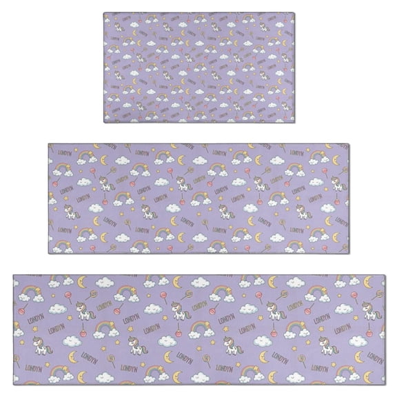 Purple Cartoon Unicorn Rainbow Cloud Moon Lollipop Kitchen Rugs Sets Of 3,Kitchen Runner Rugs Non Skid Washable,Decorative Kitchen Floor Mats for Kitchen,Sink,Laundry,17"x30"+ 17"x47" + 17"x59"
