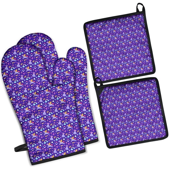 Purple Cartoon Unicorn Rainbow Crown Kitchen Oven Mitt and Pot Holder Sets 2 Pcs for Baking, Cooking and Grilling, Heat Resistant Up To 392 °F
