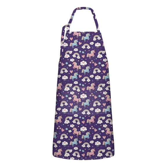 Purple Cartoon Unicorn Rainbow Heart Cloud Apron-Garden Aprons for Women with Pockets-Cotton Linen Waterproof Kitchen Cooking Gardening Aprons Adjustable for Kitchen,Cooking,BBQ and Salon 33x27 Inch
