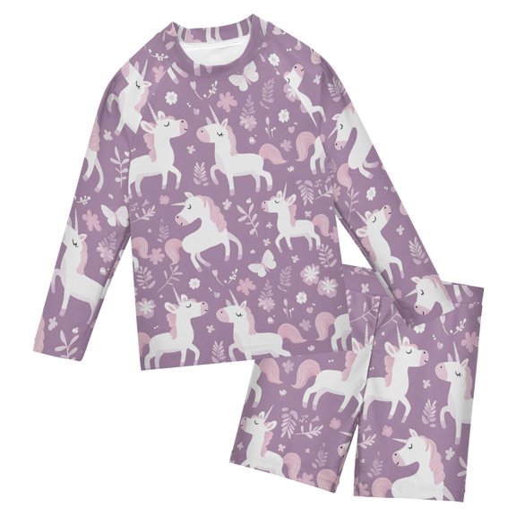 Purple Cartoon Unicorns Pattern Boys' Bathing Suit UPF 50+ Boys' Rash Guard Sets Stretchy Quick Dry 3T-10T
