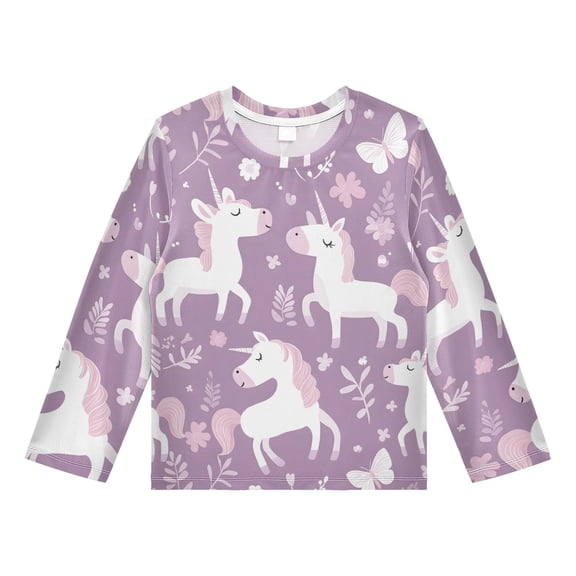 Purple Cartoon Unicorns Pattern Boys' Rash Guard Shirts UPF 50 Plus Sun Protection Short Sleeve Swim Tees 4T