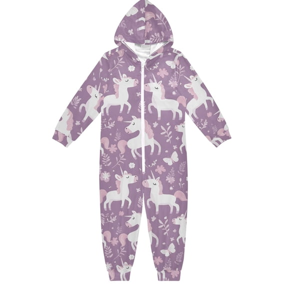 Purple Cartoon Unicorns Pattern One Piece Pajamas Soft Jumpsuit Cozy Sleep and Play Romper Zipper and Pockets 5T-6T