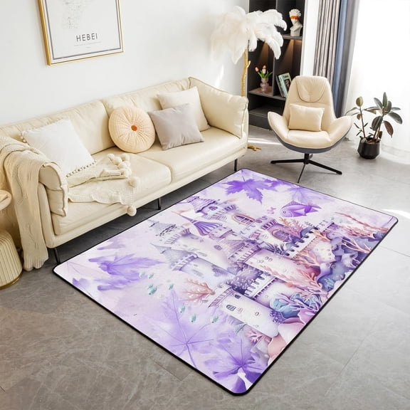 Purple Castle Area Rug ,Watercolor Coral Sealife Decor Non Shedding Rug For Kids Teen Adults,Fairy Tale Decorative Carpet For Playroom Bedroom Dining Room 1x2ft
