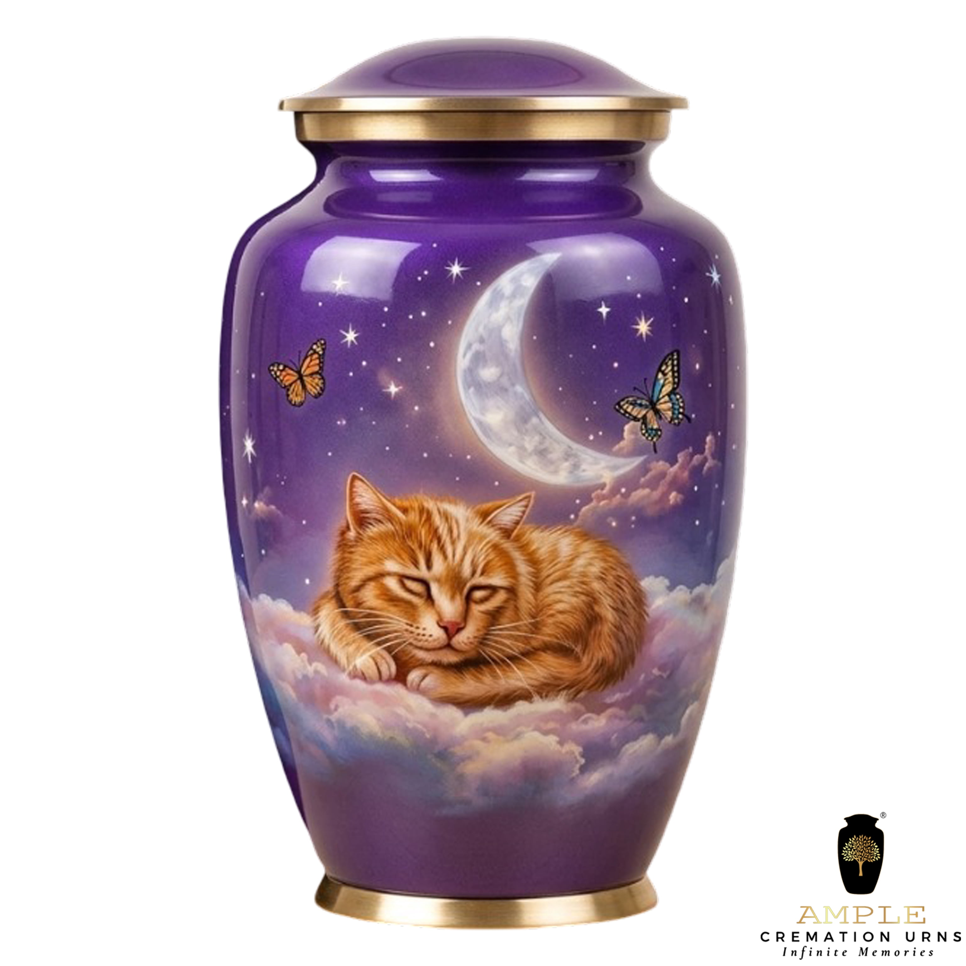 Purple Cat Cremation Urn – Pet Memorial Urn with Moon & Stars Design 10 inch premium