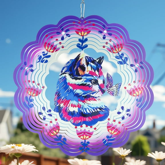 Purple Cat Wind Spinner Mandala, 12 inch 3D Large Hanging Art Wind Sculpture Decorations，Hanging Wind Spinner, Kinetic Yard Art Decorations