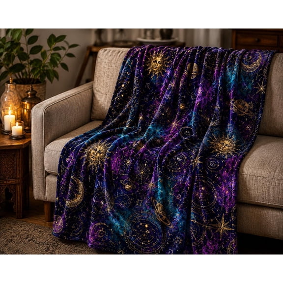 Purple Celestial Galaxy Pattern Flannel 280 GSM 30 x 40 in Throw Blanket, Breathable Polyester, Cozy Home Decor for Sofa Bed Couch, Bedroom Living Room Accent, Gift for Family and Friends